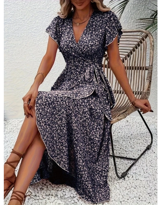 Kadın Kısa Kollu Kruvaze Yakalı Desenli Süprem Elbise