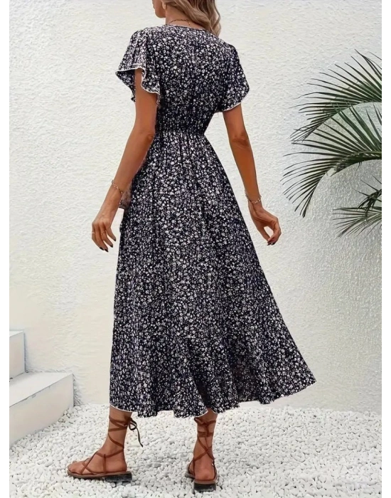 Kadın Kısa Kollu Kruvaze Yakalı Desenli Süprem Elbise