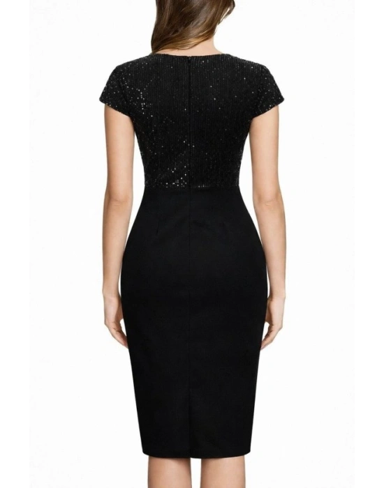 Kadın Kısa Kollu Kruvaze Yakalı ışıltı Detaylı Midi Ithal Krep Elbise