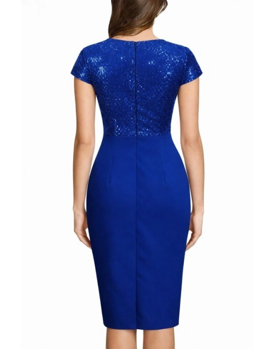 Kadın Kısa Kollu Kruvaze Yakalı ışıltı Detaylı Midi Ithal Krep Elbise