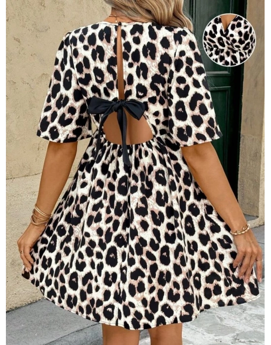 Kadın Kısa Kollu Kruvaze Yakalı Leopar Desenli Mini Süprem Elbise