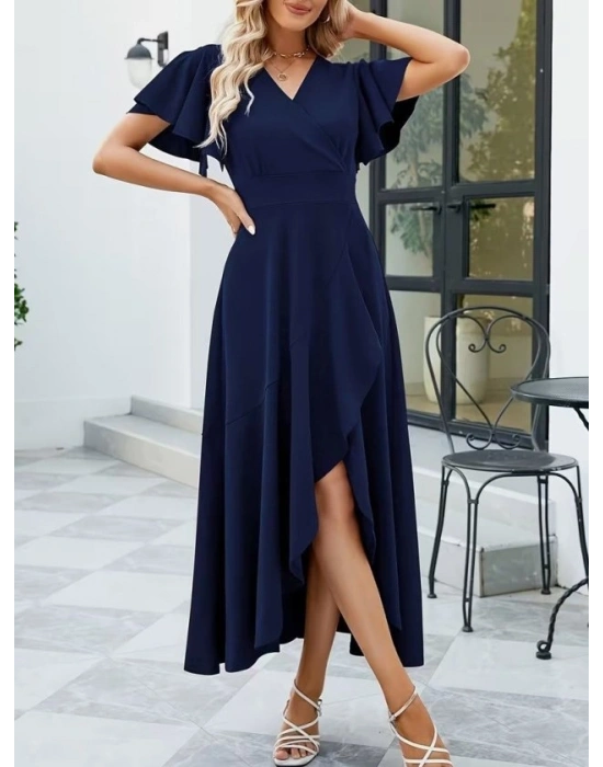 Kadın Kısa Kollu Kruvaze Yakalı ön Asimetrik Volanlı Uzun Ithal Krep Elbise