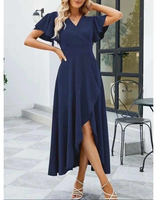 Kadın Kısa Kollu Kruvaze Yakalı ön Asimetrik Volanlı Uzun Ithal Krep Elbise