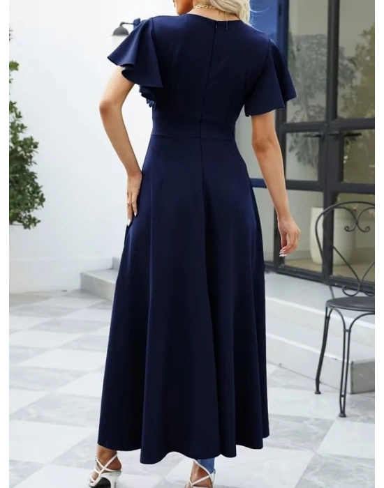 Kadın Kısa Kollu Kruvaze Yakalı ön Asimetrik Volanlı Uzun Ithal Krep Elbise