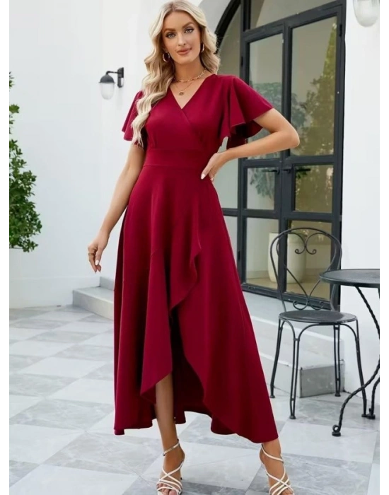 Kadın Kısa Kollu Kruvaze Yakalı ön Asimetrik Volanlı Uzun Ithal Krep Elbise