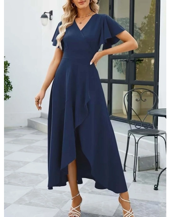 Kadın Kısa Kollu Kruvaze Yakalı ön Asimetrik Volanlı Uzun Ithal Krep Elbise