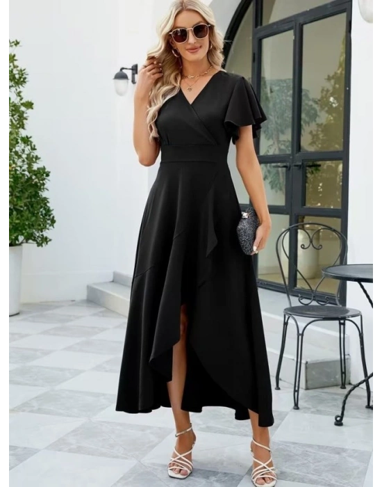 Kadın Kısa Kollu Kruvaze Yakalı ön Asimetrik Volanlı Uzun Ithal Krep Elbise