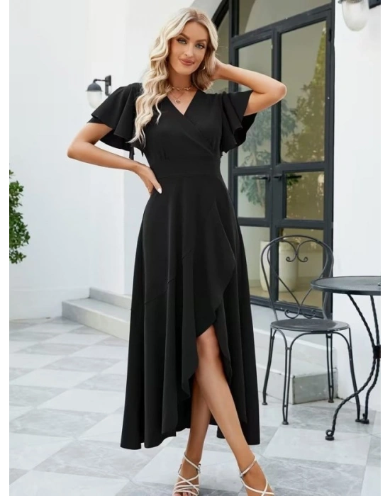 Kadın Kısa Kollu Kruvaze Yakalı ön Asimetrik Volanlı Uzun Ithal Krep Elbise