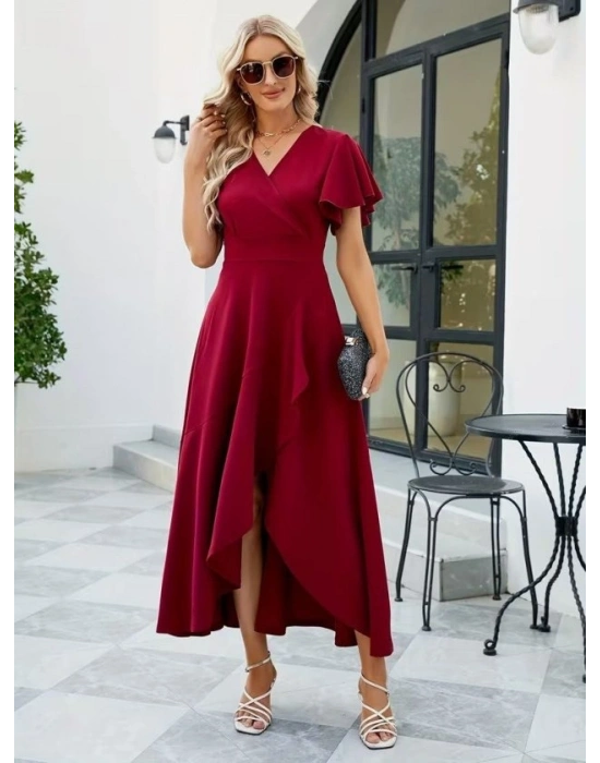Kadın Kısa Kollu Kruvaze Yakalı ön Asimetrik Volanlı Uzun Ithal Krep Elbise