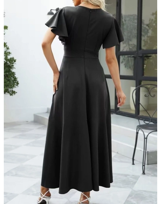 Kadın Kısa Kollu Kruvaze Yakalı ön Asimetrik Volanlı Uzun Ithal Krep Elbise