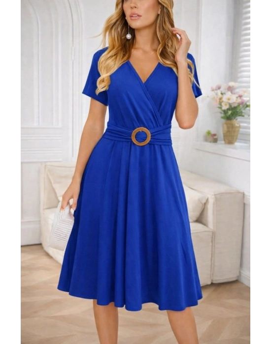 Kadın Kısa Kollu Kruvaze Yakalı önden Toka Detaylı Kısa Viskon Elbise