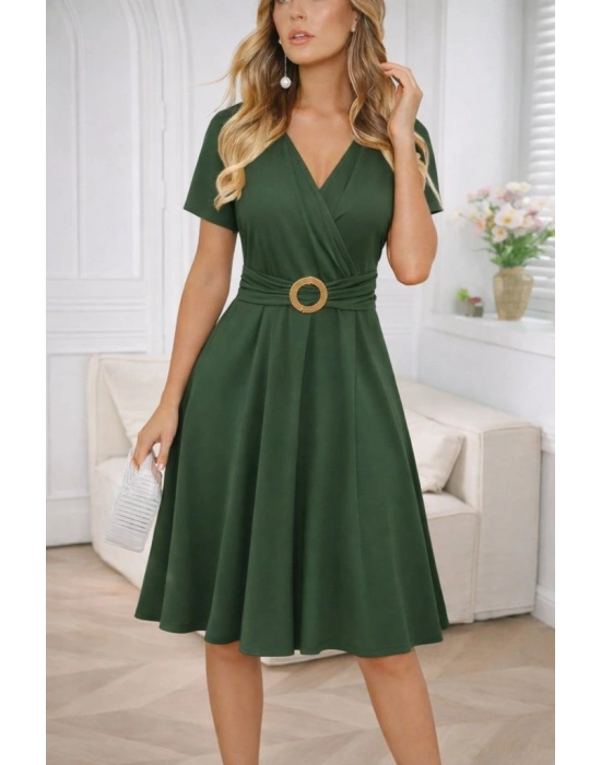 Kadın Kısa Kollu Kruvaze Yakalı önden Toka Detaylı Kısa Viskon Elbise