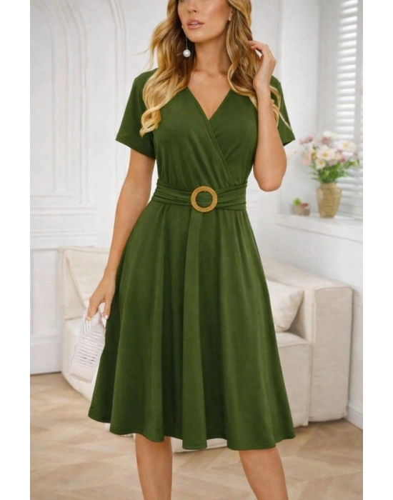 Kadın Kısa Kollu Kruvaze Yakalı önden Toka Detaylı Kısa Viskon Elbise