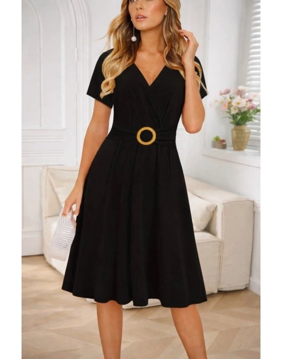 Kadın Kısa Kollu Kruvaze Yakalı önden Toka Detaylı Kısa Viskon Elbise