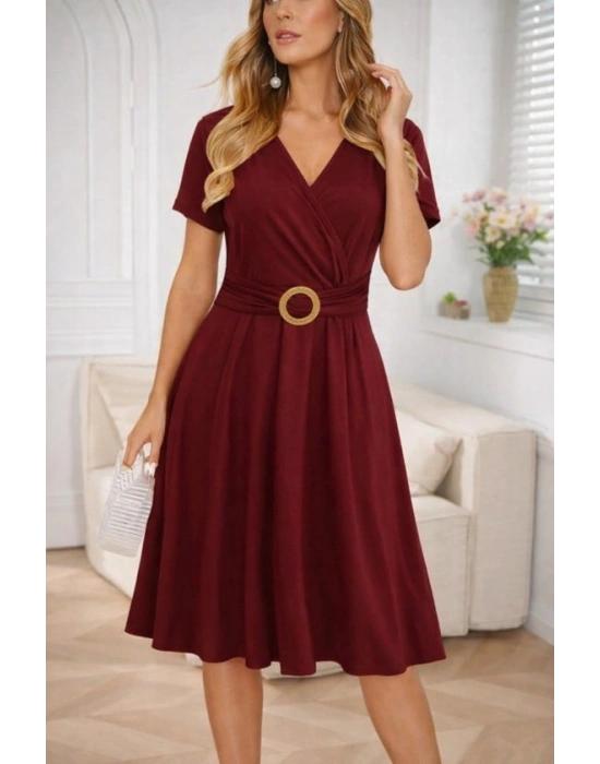 Kadın Kısa Kollu Kruvaze Yakalı önden Toka Detaylı Kısa Viskon Elbise