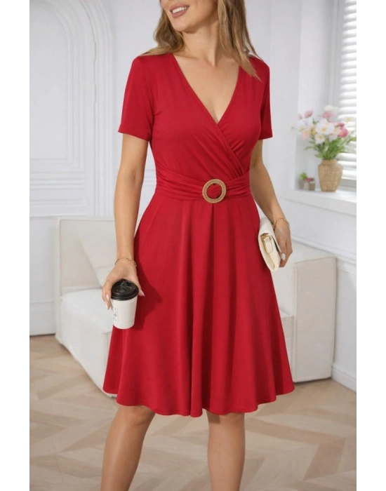 Kadın Kısa Kollu Kruvaze Yakalı önden Toka Detaylı Kısa Viskon Elbise