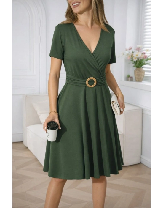 Kadın Kısa Kollu Kruvaze Yakalı önden Toka Detaylı Kısa Viskon Elbise