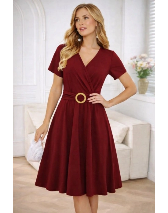 Kadın Kısa Kollu Kruvaze Yakalı önden Toka Detaylı Kısa Viskon Elbise