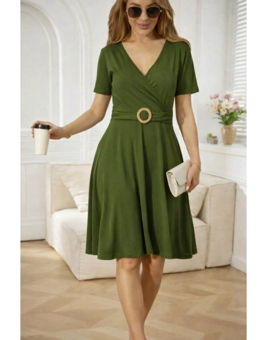 Kadın Kısa Kollu Kruvaze Yakalı önden Toka Detaylı Kısa Viskon Elbise