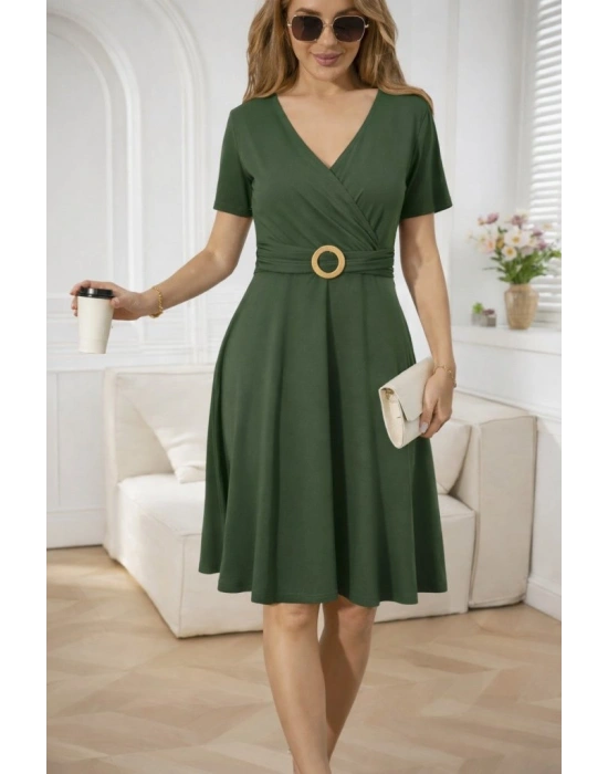 Kadın Kısa Kollu Kruvaze Yakalı önden Toka Detaylı Kısa Viskon Elbise