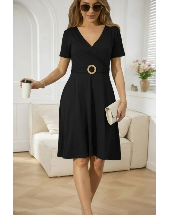 Kadın Kısa Kollu Kruvaze Yakalı önden Toka Detaylı Kısa Viskon Elbise