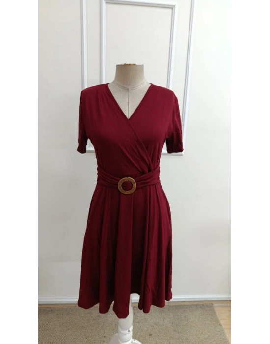 Kadın Kısa Kollu Kruvaze Yakalı önden Toka Detaylı Kısa Viskon Elbise