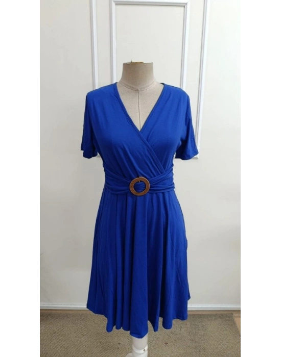 Kadın Kısa Kollu Kruvaze Yakalı önden Toka Detaylı Kısa Viskon Elbise