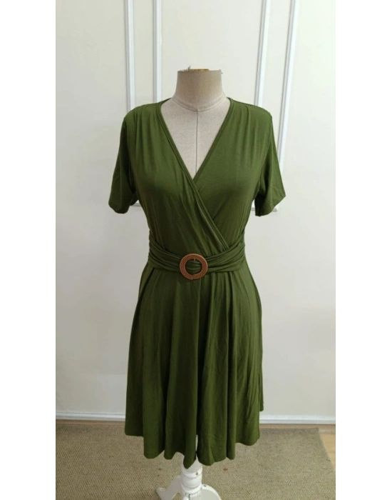 Kadın Kısa Kollu Kruvaze Yakalı önden Toka Detaylı Kısa Viskon Elbise