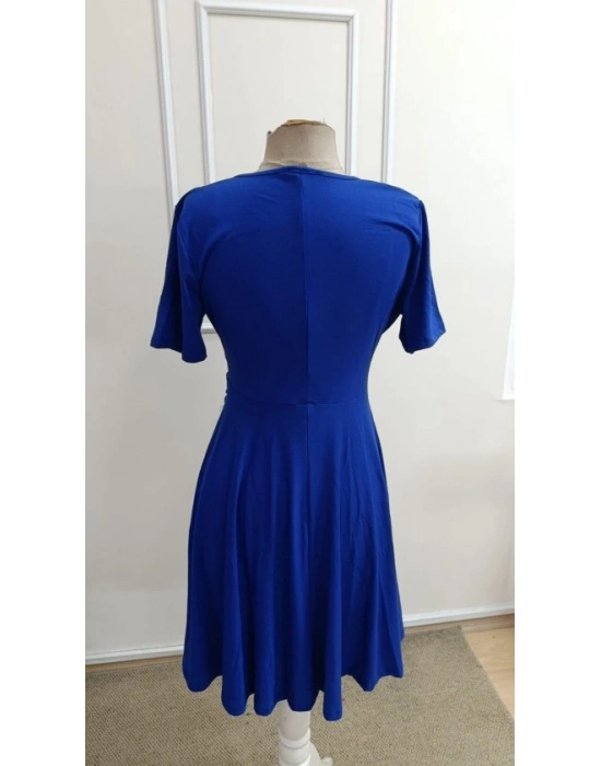 Kadın Kısa Kollu Kruvaze Yakalı önden Toka Detaylı Kısa Viskon Elbise