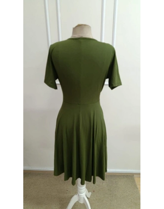 Kadın Kısa Kollu Kruvaze Yakalı önden Toka Detaylı Kısa Viskon Elbise