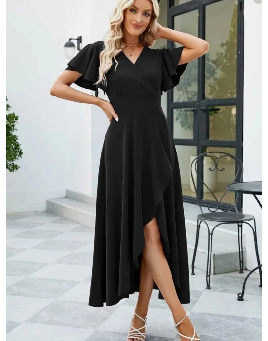 Kadın Kısa Kollu Kruvaze Yakalı önden Volanlı çapraz Kesim Detaylı Maksi Boy Ithal Krep Elbise