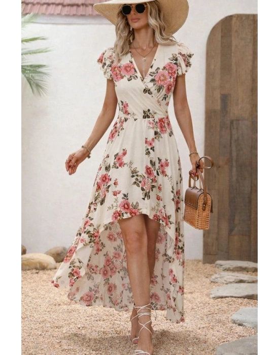 Kadın Kısa Kollu Kruvaze Yakalı önü Asimetrik Detaylı Uzun çiçek Desenli Süprem Elbise