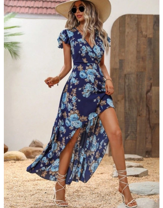 Kadın Kısa Kollu Kruvaze Yakalı önü Asimetrik Detaylı Uzun çiçek Desenli Süprem Elbise