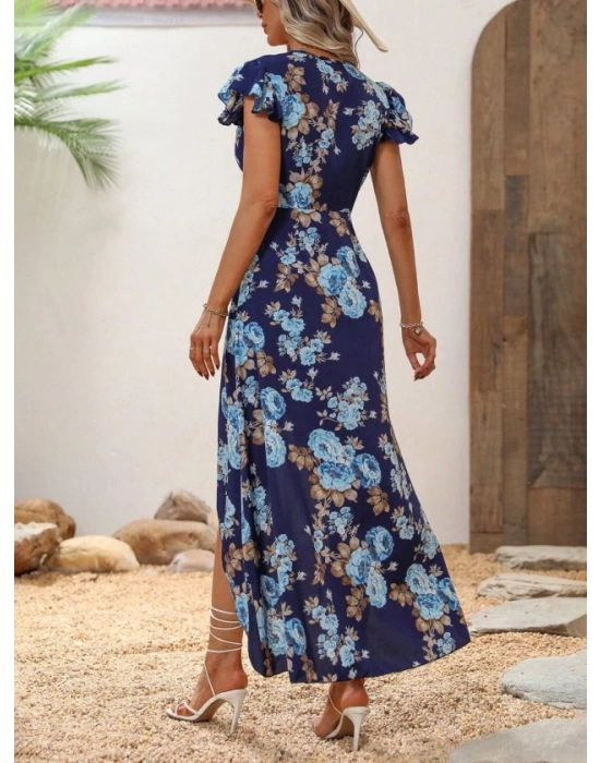 Kadın Kısa Kollu Kruvaze Yakalı önü Asimetrik Detaylı Uzun çiçek Desenli Süprem Elbise