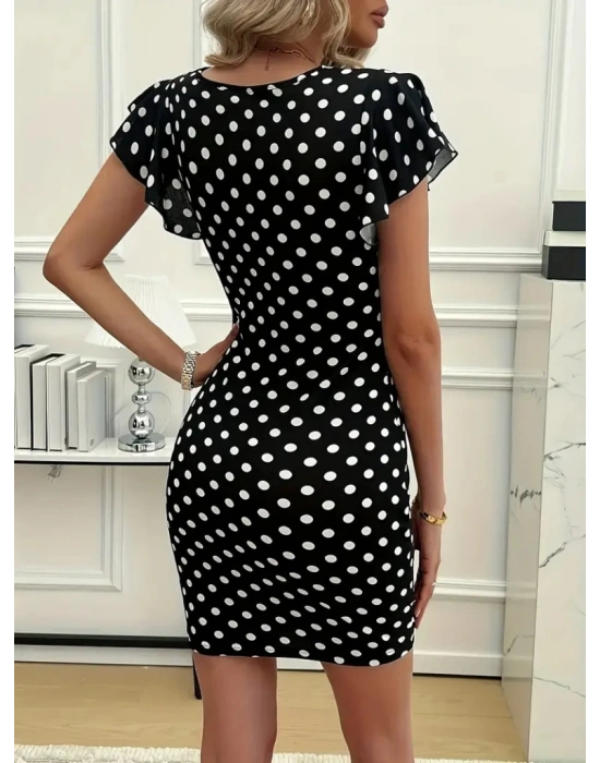 Kadın Kısa Kollu Kruvaze Yakalı örme Puantiyeli Krep Elbise