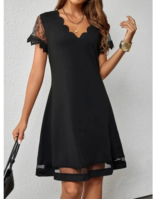 Kadın Kısa Kollu Lazer V Yakalı Etek Ucu Tül Detaylı Janjan Krep Elbise