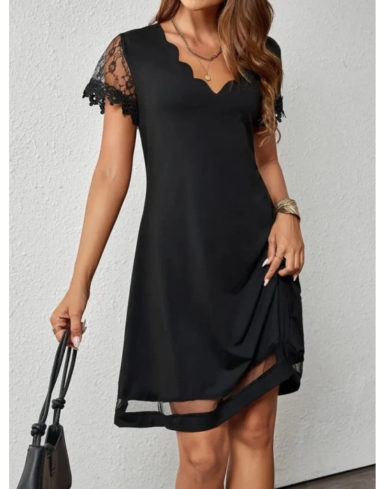 Kadın Kısa Kollu Lazer V Yakalı Etek Ucu Tül Detaylı Janjan Krep Elbise