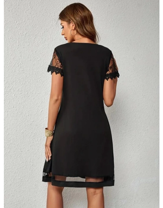 Kadın Kısa Kollu Lazer V Yakalı Etek Ucu Tül Detaylı Janjan Krep Elbise