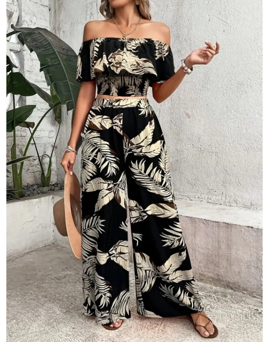 Kadın Kısa Kollu Madonna Fırfır Yaka Crop Süprem Bluz Ve Pantolon Ikili Takım