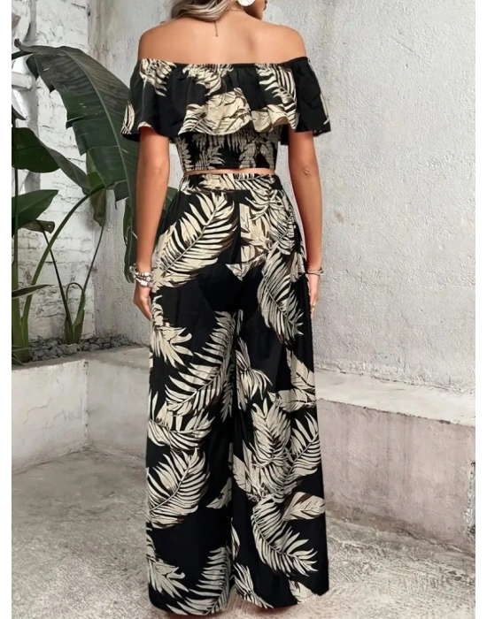 Kadın Kısa Kollu Madonna Fırfır Yaka Crop Süprem Bluz Ve Pantolon Ikili Takım