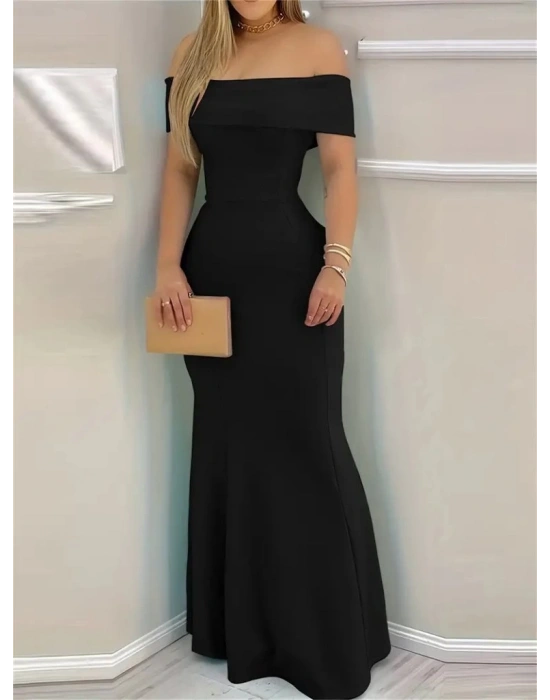 Kadın Kısa Kollu Madonna Yaka Belden Oturtmalı Uzun Ithal Krep Elbise