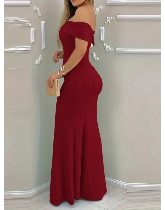 Kadın Kısa Kollu Madonna Yaka Belden Oturtmalı Uzun Ithal Krep Elbise