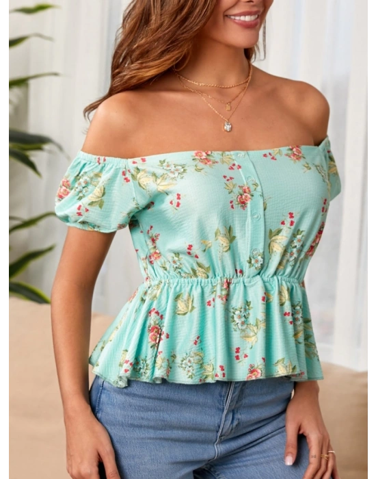 Kadın Kısa Kollu Madonna Yaka çiçek Desenli Düğme Detay Gipeli üprem Kumaş Bluz