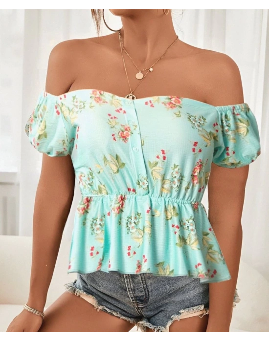 Kadın Kısa Kollu Madonna Yaka çiçek Desenli Düğme Detay Gipeli üprem Kumaş Bluz