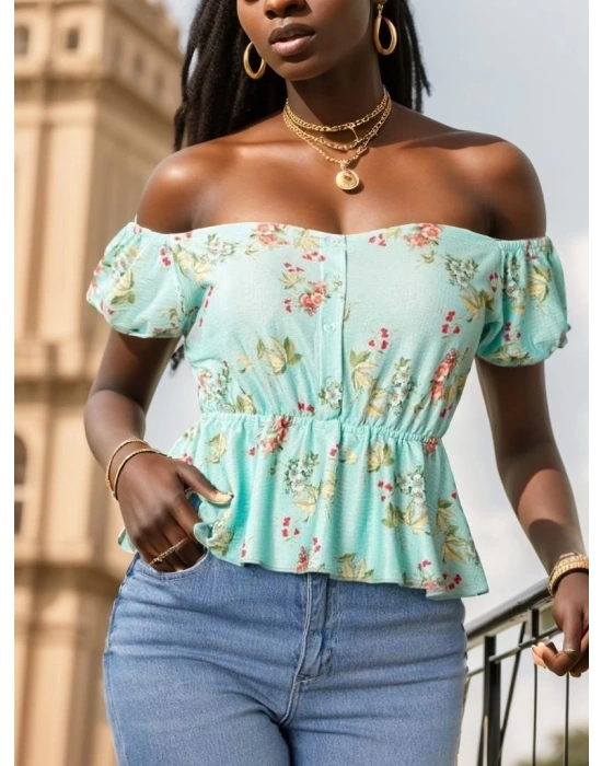 Kadın Kısa Kollu Madonna Yaka çiçek Desenli Düğme Detay Gipeli üprem Kumaş Bluz