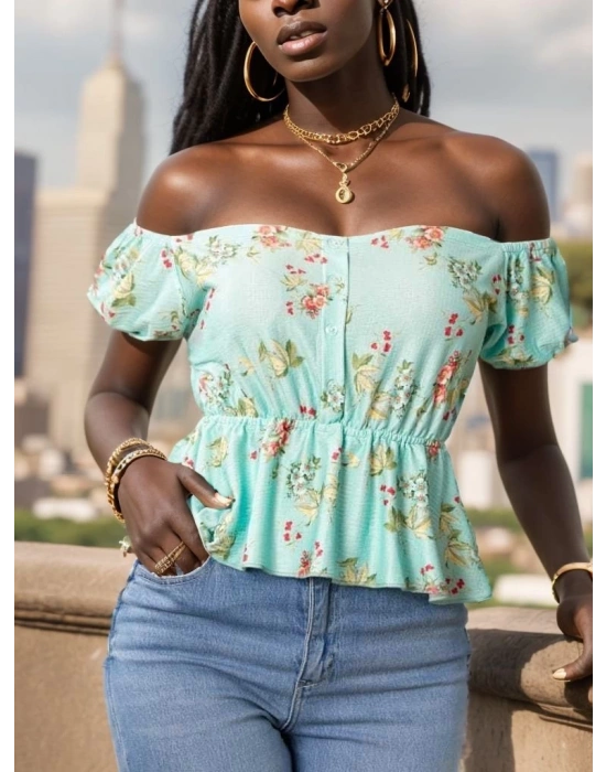 Kadın Kısa Kollu Madonna Yaka çiçek Desenli Düğme Detay Gipeli üprem Kumaş Bluz