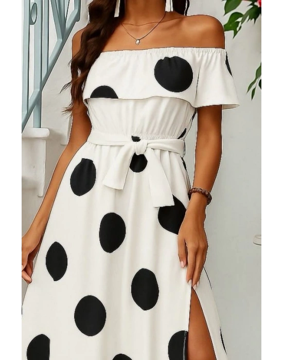 Kadın Kısa Kollu Madonna Yaka Fırfırlı Belden Yırtmaçlı Maksi örme Krep Elbise