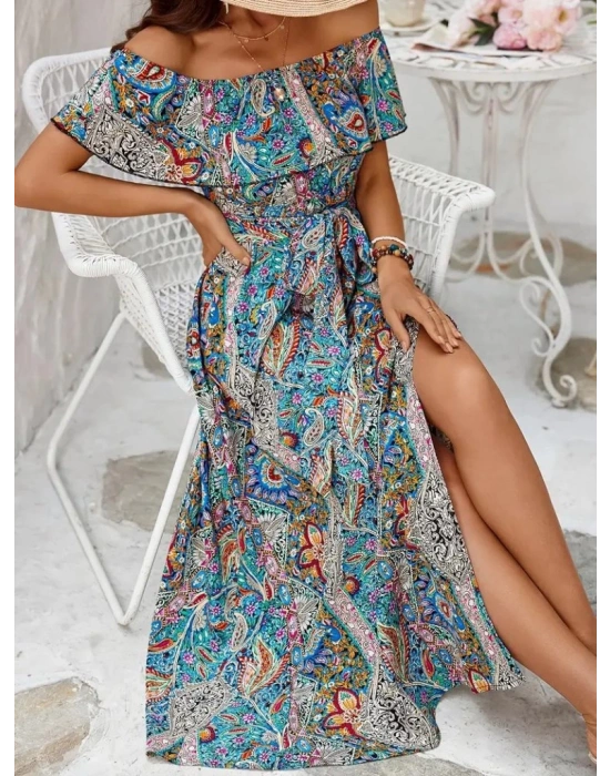 Kadın Kısa Kollu Madonna Yaka Fırfırlı Belden Yırtmaçlı Maksi Süprem Elbise