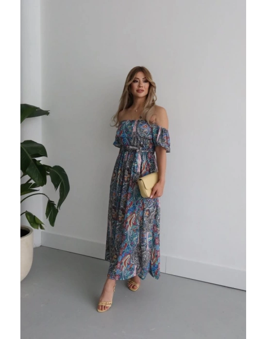 Kadın Kısa Kollu Madonna Yaka Fırfırlı Belden Yırtmaçlı Maksi Süprem Elbise