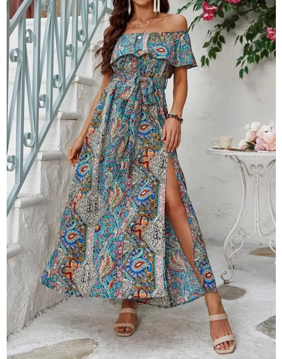 Kadın Kısa Kollu Madonna Yaka Fırfırlı Belden Yırtmaçlı Maksi Süprem Elbise